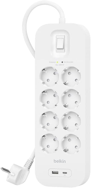 چندراهی برق Belkin چهارپریز با محافظ ولتاژ، نصب دیواری، کابل 2 m، USB-C PD و USB-A، نشانگر سبز، محافظت 525 ژول چندراهی برق Belkin چهارپریز با محافظ ولتاژ، نصب دیواری، کابل 2 m، USB-C PD و USB-A، نشانگر سبز، محافظت 525 ژول