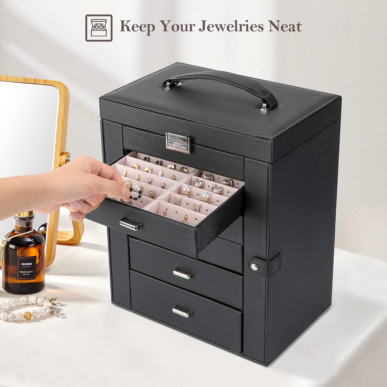 جعبه نظمدهنده جواهرات زنانه ProCase ششطبقه با کشو و جداکننده مشکی جعبه نظمدهنده جواهرات زنانه ProCase ششطبقه با کشو و جداکننده مشکی