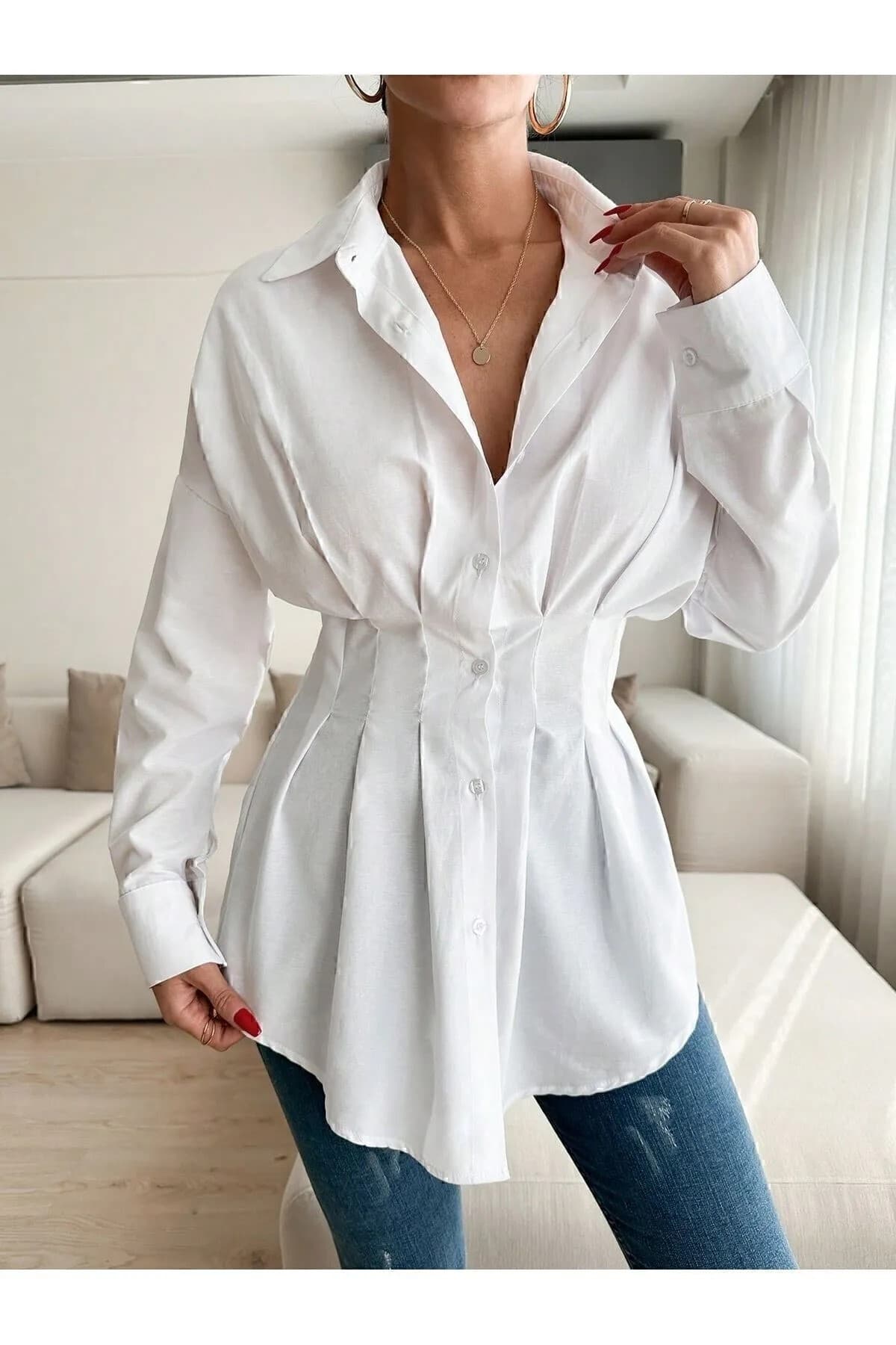 تونیک زنانه EMMAS CLOTHİNG سفید کمر فیت چیندار تونیک زنانه EMMAS CLOTHİNG سفید کمر فیت چیندار