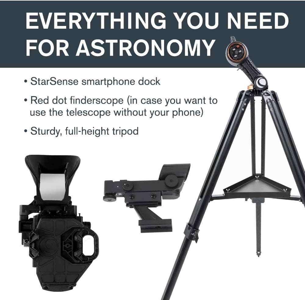 تلسکوپ بازتابی نیوتنی Celestron مدل StarSense Explore DX 130 با دو چشمی، پایه نگهدارنده تلفن و سهپایه قابل تنظیم مشکی تلسکوپ بازتابی نیوتنی Celestron مدل StarSense Explore DX 130 با دو چشمی، پایه نگهدارنده تلفن و سهپایه قابل تنظیم مشکی