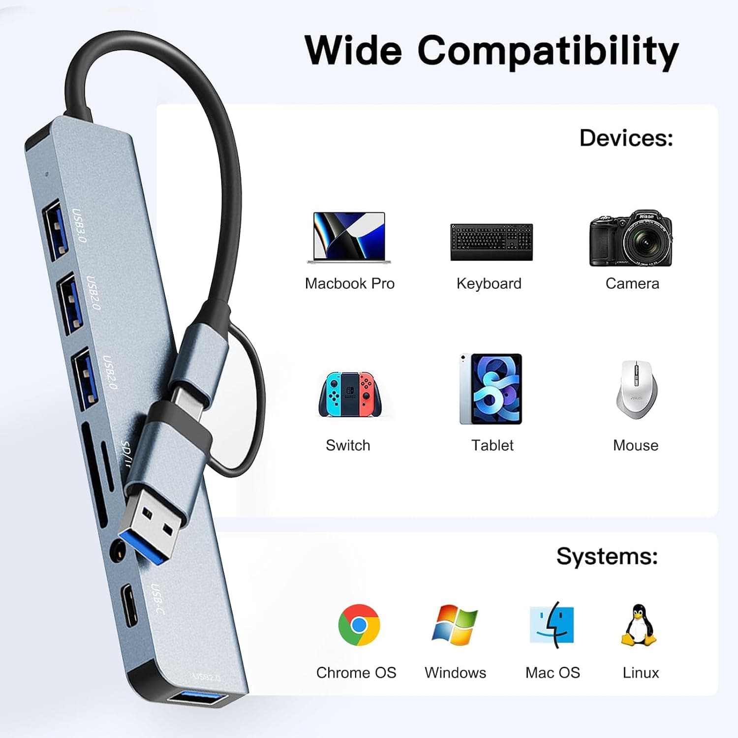 هاب USB-C 8 در 1 برای MacBook Air Loydia با درگاههای USB 3.0، 3 x USB 2.0، SD/TF و 3,5 mm هاب USB-C 8 در 1 برای MacBook Air Loydia با درگاههای USB 3.0، 3 x USB 2.0، SD/TF و 3,5 mm