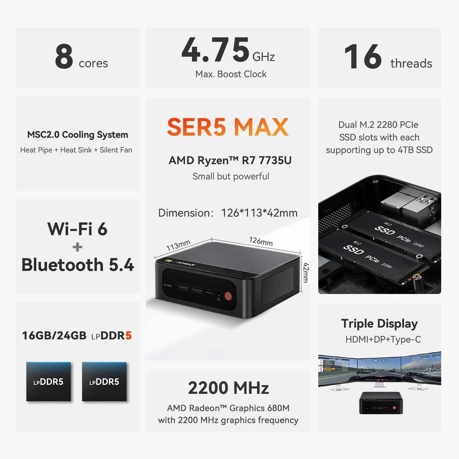 مینیپیسی Beelink SER5 MAX با پردازنده Ryzen 7 7735U، رم 16 GB و حافظه SSD 500 GB مینیپیسی Beelink SER5 MAX با پردازنده Ryzen 7 7735U، رم 16 GB و حافظه SSD 500 GB