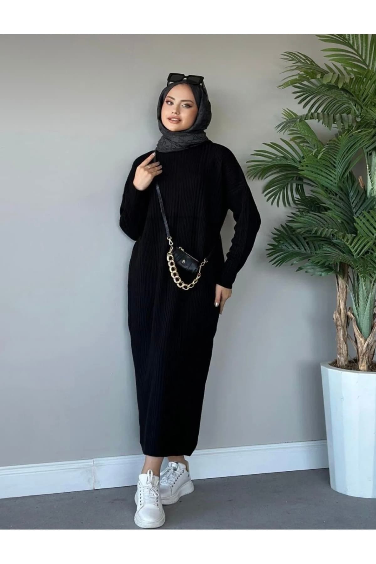 پیراهن بافت Gülce moda شیاردار مشکی پیراهن بافت Gülce moda شیاردار مشکی