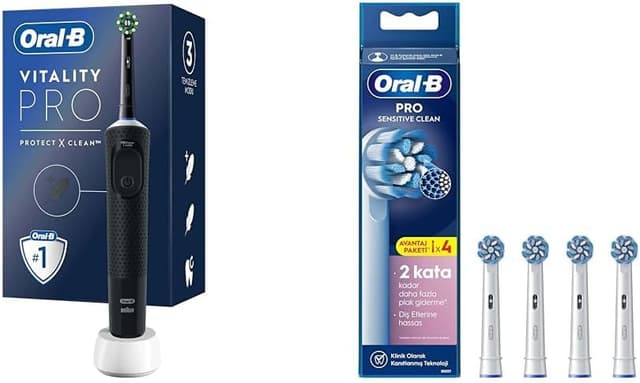 مسواک برقی Oral-B Vitality Pro مشکی با محافظت و تمیزکاری، بههمراه 4 عدد سری یدک Sensitive X-Filament مسواک برقی Oral-B Vitality Pro مشکی با محافظت و تمیزکاری، بههمراه 4 عدد سری یدک Sensitive X-Filament
