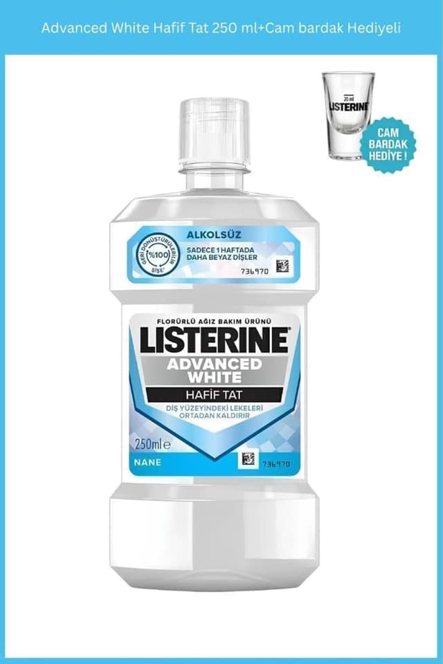 دهانشویه Listerine Advanced White با طعم ملایم 250 Ml بههمراه لیوان شیشهای هدیه دهانشویه Listerine Advanced White با طعم ملایم 250 Ml بههمراه لیوان شیشهای هدیه