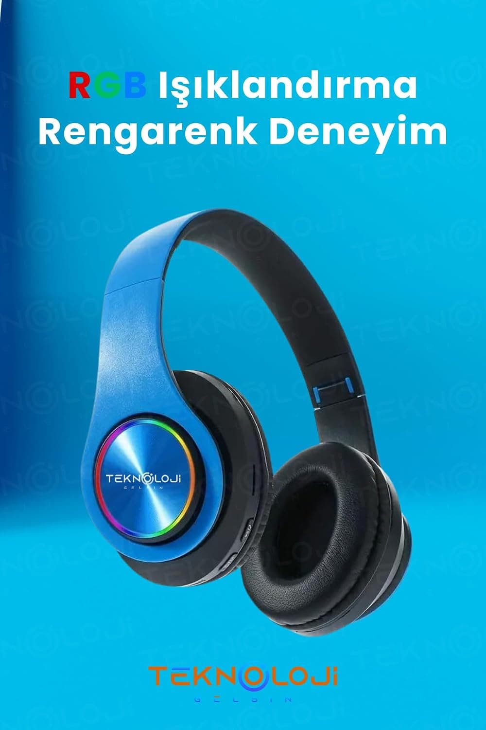 هدفون بلوتوثی رویگوشی Teknoloji Gelsin تاشو با نور LED و میکروفون مشکی-آبی هدفون بلوتوثی رویگوشی Teknoloji Gelsin تاشو با نور LED و میکروفون مشکی-آبی
