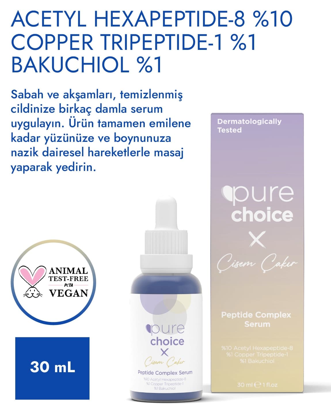 سرم Pure Choice X Çisem Çakır Peptide Complex سفتکننده و حجیمکننده 30 ml سرم Pure Choice X Çisem Çakır Peptide Complex سفتکننده و حجیمکننده 30 ml