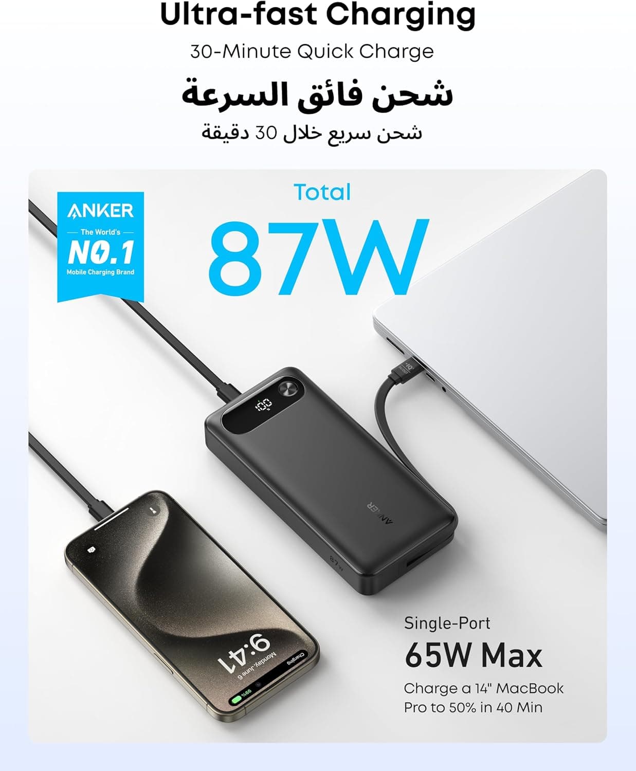 پاوربانک Anker ظرفیت 20,000mAh با کابل USB-C داخلی و 3 پورت پاوربانک Anker ظرفیت 20,000mAh با کابل USB-C داخلی و 3 پورت