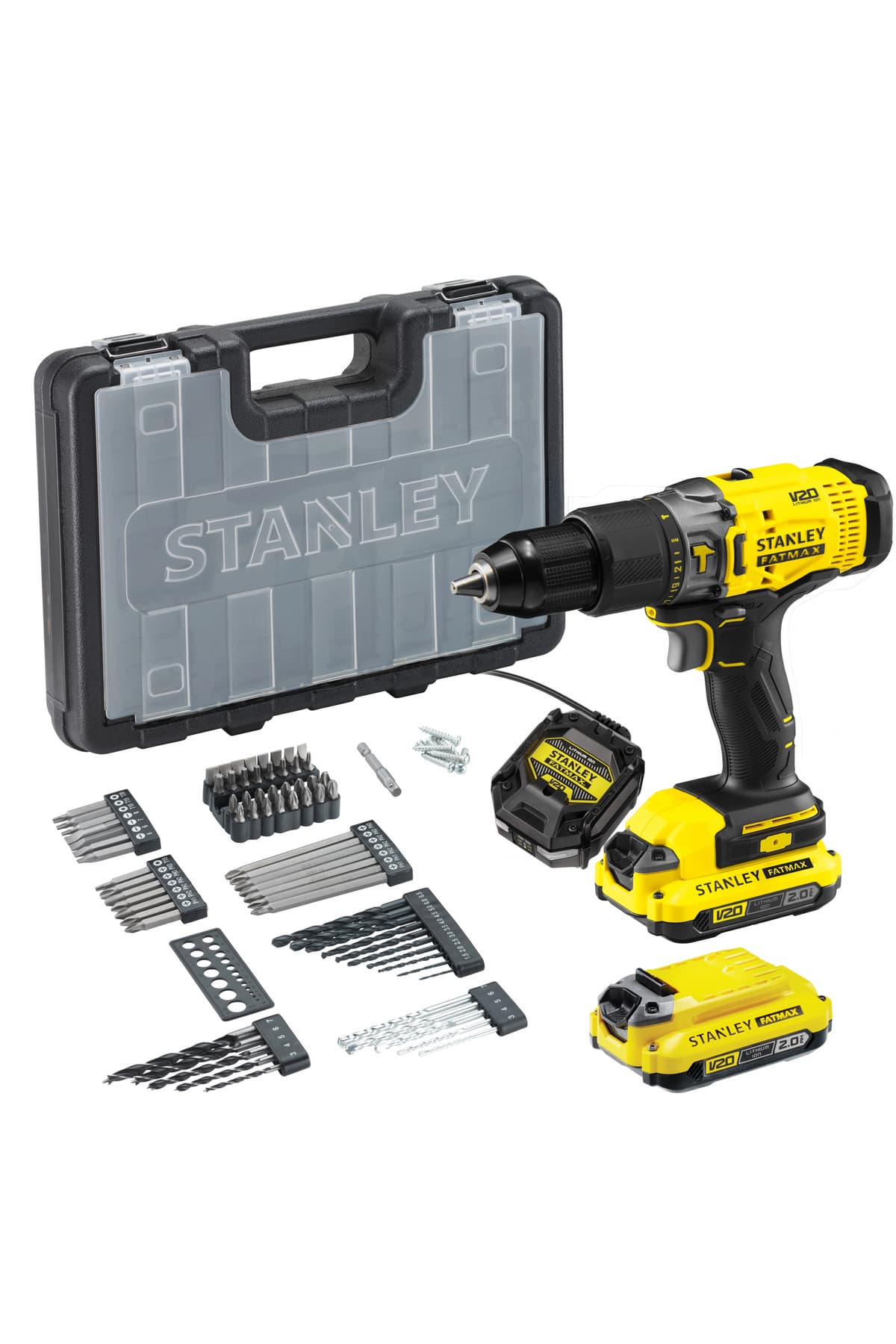 کیت دریل چکشی شارژی Stanley Fatmax مدل SCD718D2A با دو باتری 18V V20، 2.0 Ah و 83 قطعه لوازم جانبی کیت دریل چکشی شارژی Stanley Fatmax مدل SCD718D2A با دو باتری 18V V20، 2.0 Ah و 83 قطعه لوازم جانبی
