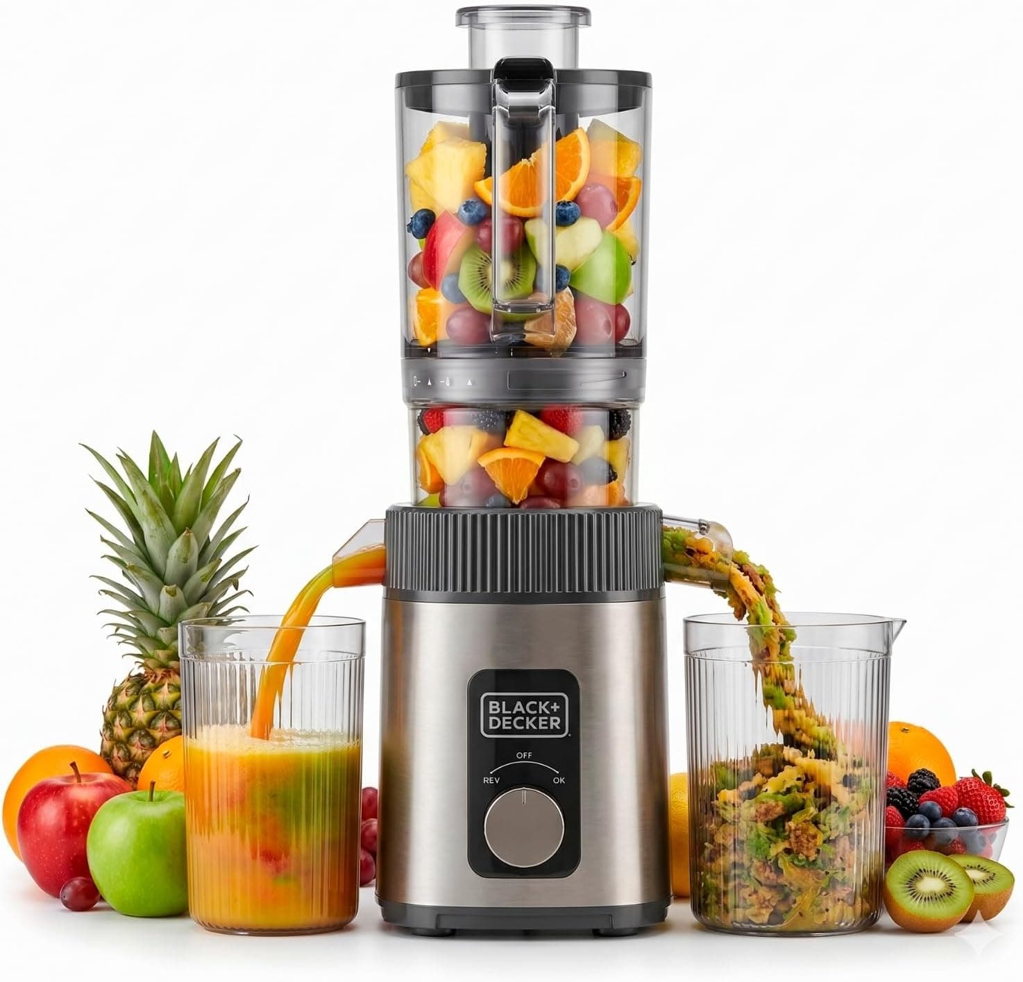 آبمیوهگیری آهسته BLACK+DECKER سرد پرس دهانه 110 mm بدون اکسیداسیون عملکرد معکوس 800 ml آبمیوهگیری آهسته BLACK+DECKER سرد پرس دهانه 110 mm بدون اکسیداسیون عملکرد معکوس 800 ml