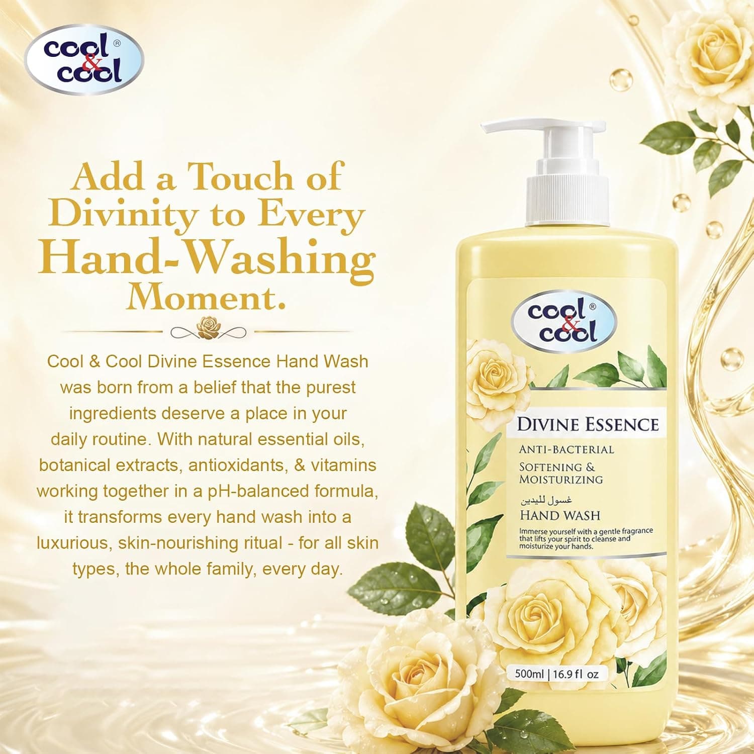 مایع دستشویی دوقلو Cool & Cool با رایحه Divine Essence و Exotic Bloom، آنتیباکتریال و نرمکننده پوست 500Ml x 2، 1Liter مایع دستشویی دوقلو Cool & Cool با رایحه Divine Essence و Exotic Bloom، آنتیباکتریال و نرمکننده پوست 500Ml x 2، 1Liter
