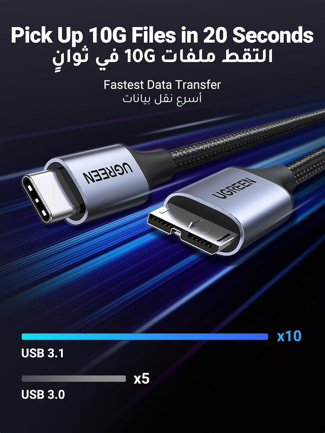کابل مردانه UGREEN به Micro USB B به Type C برای HDD و SSD 0.25M کابل مردانه UGREEN به Micro USB B به Type C برای HDD و SSD 0.25M