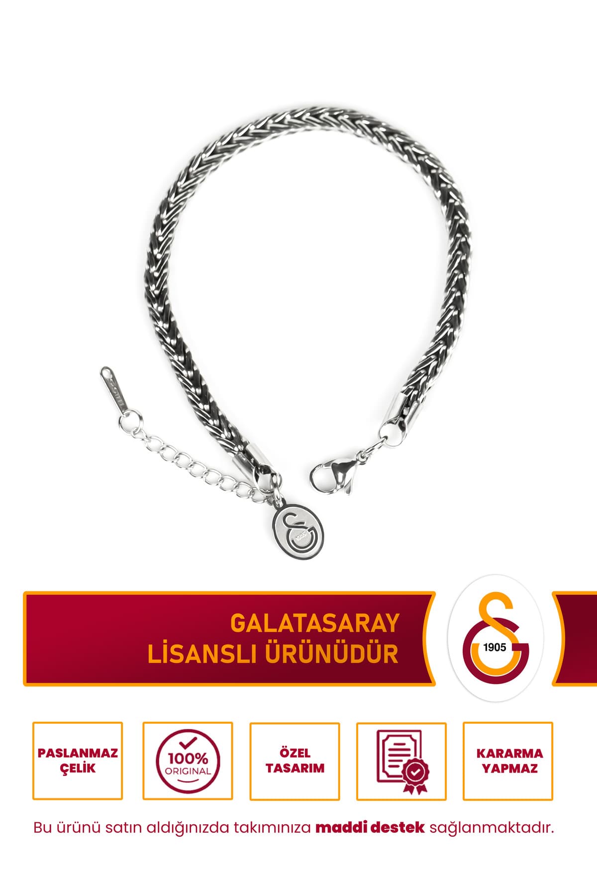 دستبند استیل هواداری Galatasaray با طرح GS Fox قابل تنظیم 19 cm خاکستری مجوزدار دستبند استیل هواداری Galatasaray با طرح GS Fox قابل تنظیم 19 cm خاکستری مجوزدار