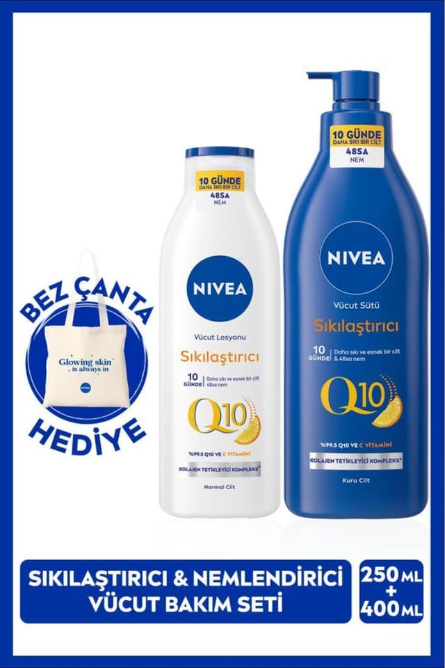 شیر بدن سفتکننده و لوسیون مرطوبکننده NIVEA Q10، ویتامین C، 400ml و 250ml، با کیسه پارچهای هدیه شیر بدن سفتکننده و لوسیون مرطوبکننده NIVEA Q10، ویتامین C، 400ml و 250ml، با کیسه پارچهای هدیه
