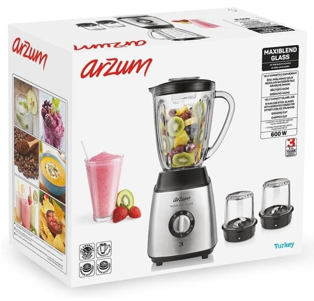 بلندر Arzum Maxiblend مدل AR1056 پارچ شیشهای ۶۰۰ وات آسیاب قهوه و ادویه بلندر Arzum Maxiblend مدل AR1056 پارچ شیشهای ۶۰۰ وات آسیاب قهوه و ادویه