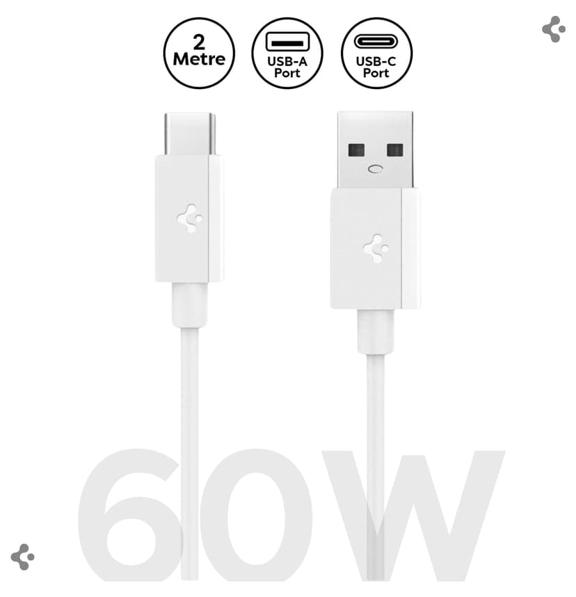 کابل Spigen USB-A به USB-C 2 متری 60W شارژ سریع سفید مدل ACA08716 کابل Spigen USB-A به USB-C 2 متری 60W شارژ سریع سفید مدل ACA08716