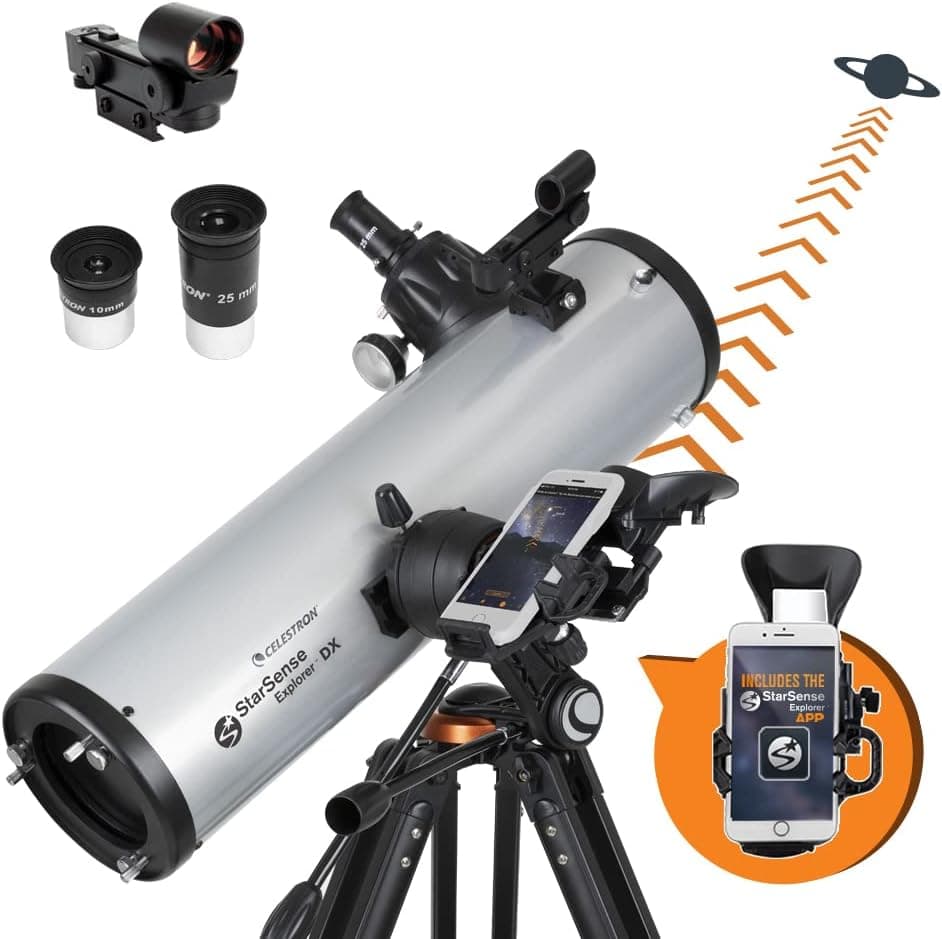 تلسکوپ بازتابی نیوتنی Celestron مدل StarSense Explore DX 130 با دو چشمی، پایه نگهدارنده تلفن و سهپایه قابل تنظیم مشکی تلسکوپ بازتابی نیوتنی Celestron مدل StarSense Explore DX 130 با دو چشمی، پایه نگهدارنده تلفن و سهپایه قابل تنظیم مشکی