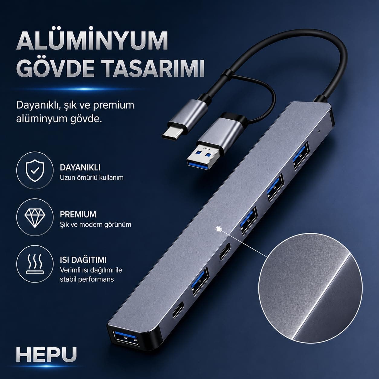 هاب USB 3.0 HEPU پنجپورت ورودی Type-C و USB-A بدنه آلومینیومی مدل HP-B03 هاب USB 3.0 HEPU پنجپورت ورودی Type-C و USB-A بدنه آلومینیومی مدل HP-B03