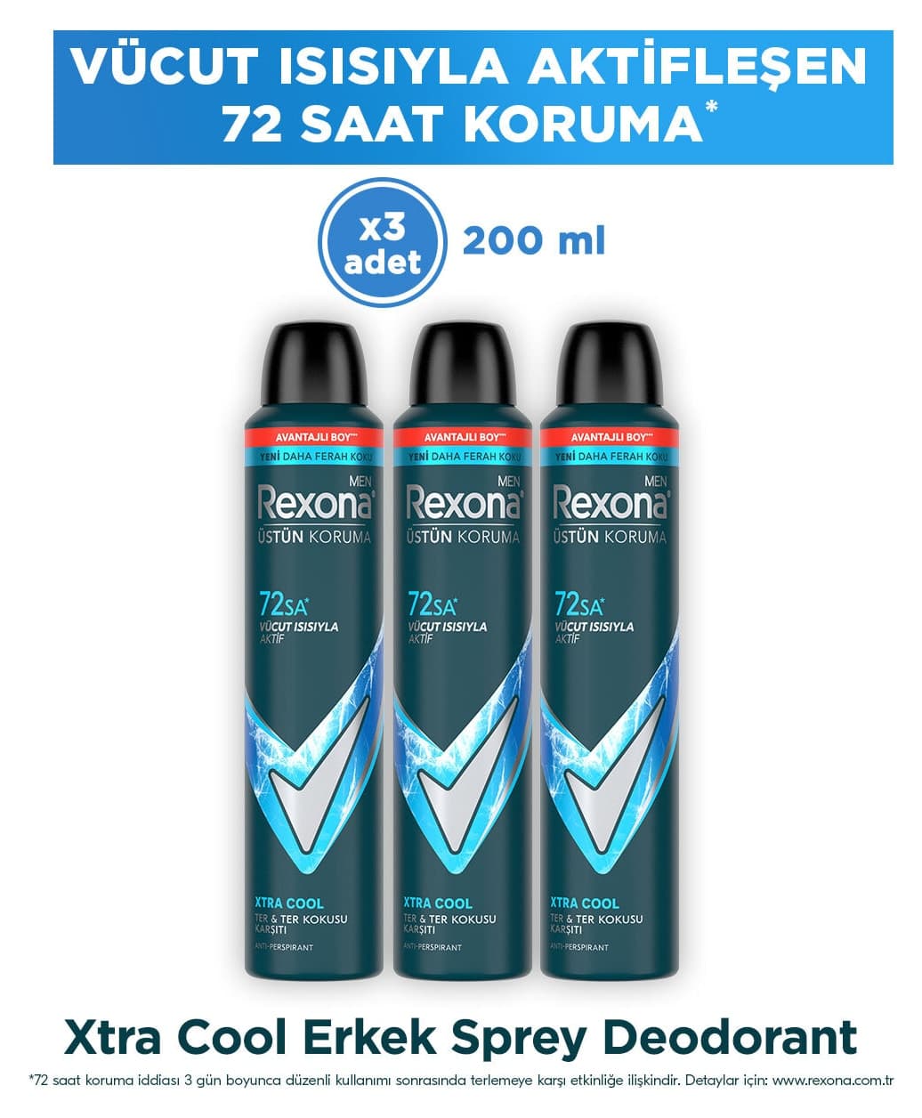 دئودورانت اسپری مردانه Rexona Xtra Cool با محافظت ۷۲ ساعته 200 ml x3 دئودورانت اسپری مردانه Rexona Xtra Cool با محافظت ۷۲ ساعته 200 ml x3