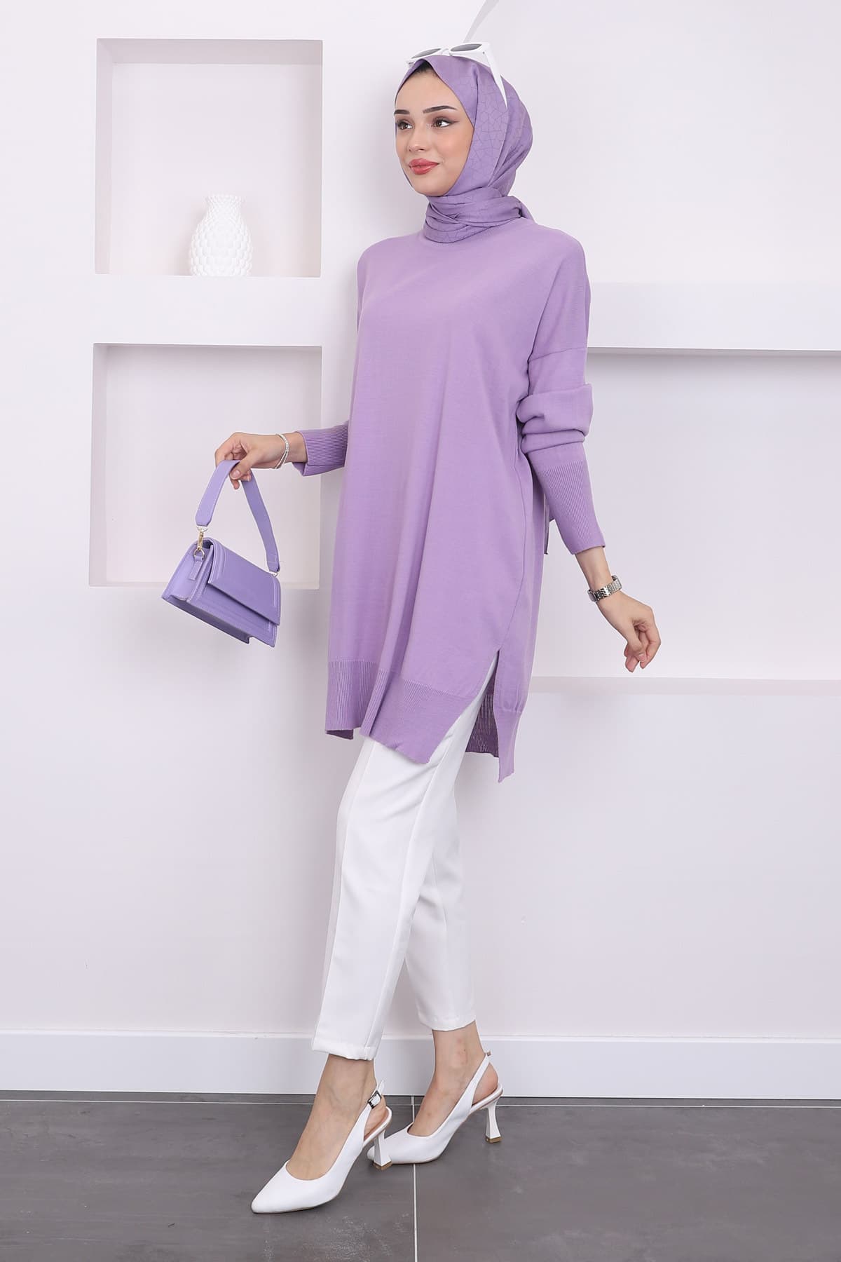 تونیک زنانه İmajButik تریکو مرسریزه یقه گرد یاسی گشاد تونیک زنانه İmajButik تریکو مرسریزه یقه گرد یاسی گشاد