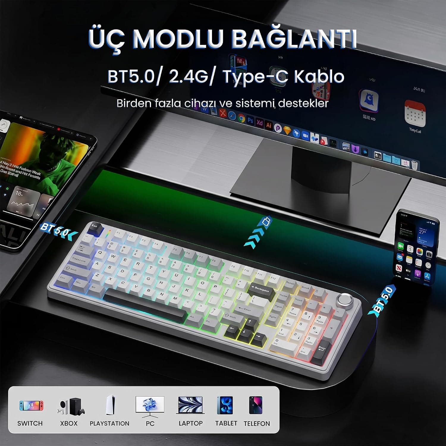 کیبورد مکانیکی AULA مدل F99 Pro بیسیم سه حالته RGB Hot Swap خاکستری کیبورد مکانیکی AULA مدل F99 Pro بیسیم سه حالته RGB Hot Swap خاکستری