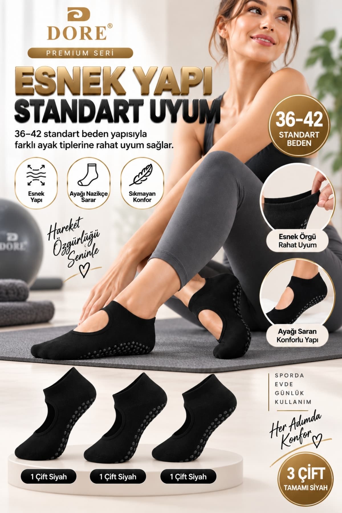 جوراب زنانه DORE ضدلغزش نخی Pilates Yoga سایز استاندارد 36-42 مشکی 3 جفت جوراب زنانه DORE ضدلغزش نخی Pilates Yoga سایز استاندارد 36-42 مشکی 3 جفت