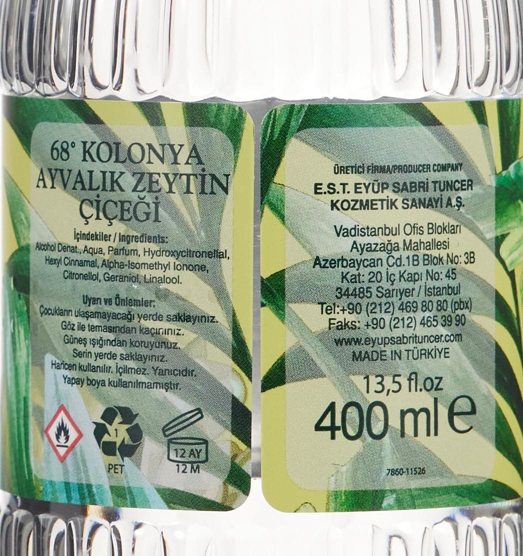 کولونیا Eyup Sabri Tuncer با رایحه شکوفه زیتون Ayvalık، بطری PET استوانهای 400 ml کولونیا Eyup Sabri Tuncer با رایحه شکوفه زیتون Ayvalık، بطری PET استوانهای 400 ml