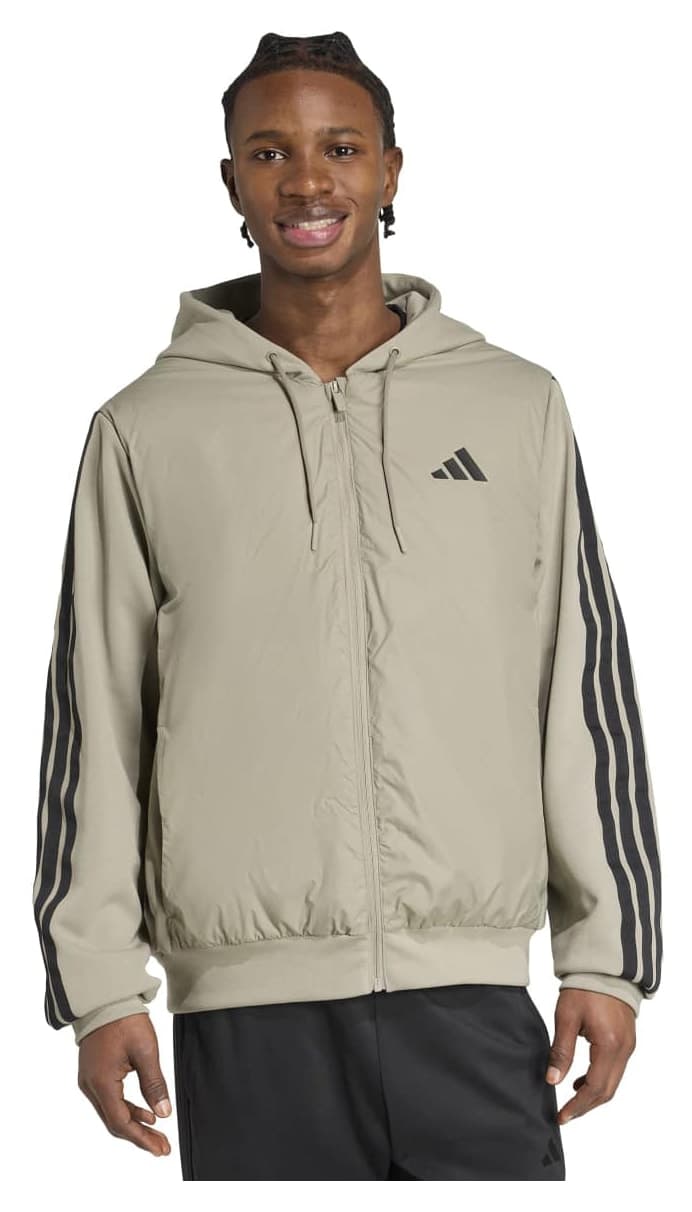 ژاکت مردانه adidas Essentials 3 Stripes بژ با کلاه ژاکت مردانه adidas Essentials 3 Stripes بژ با کلاه