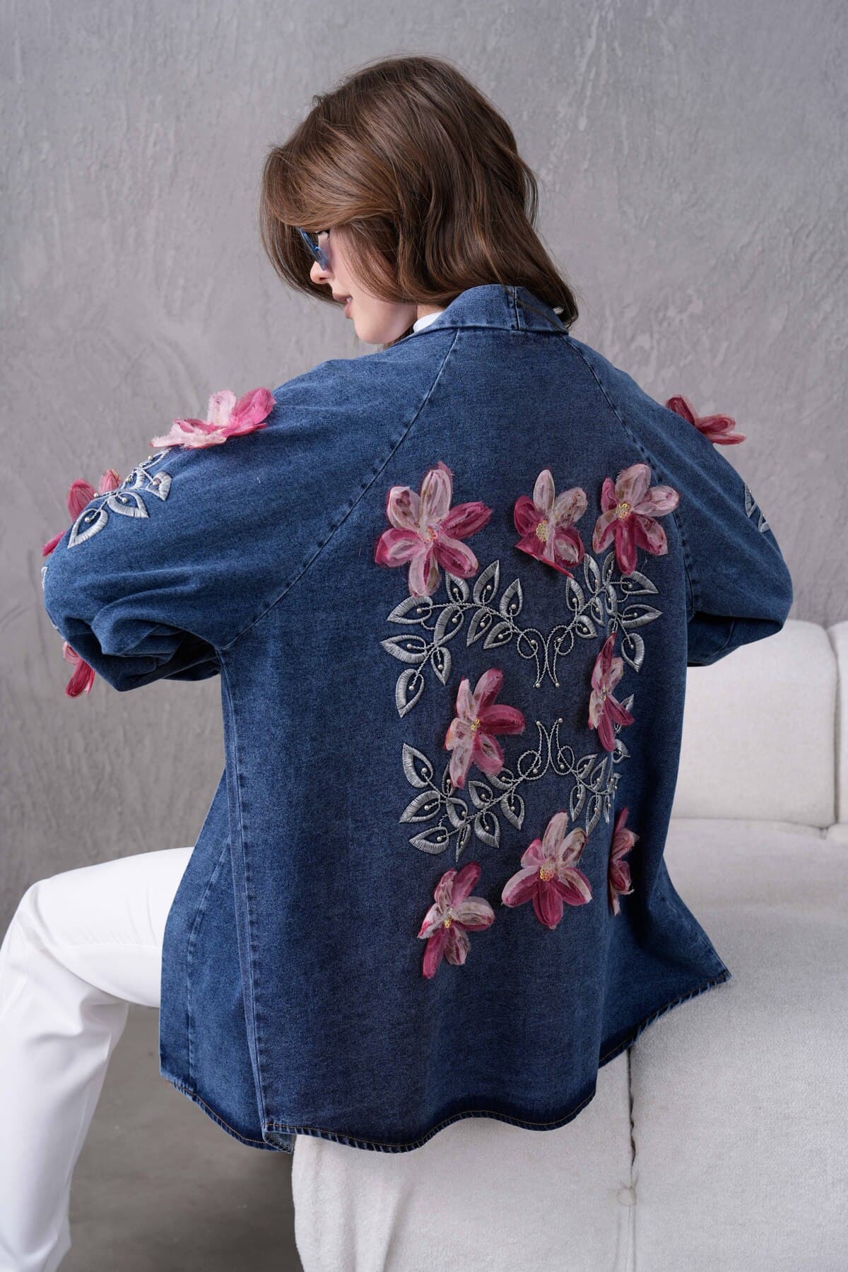 ژاکت کیمونو زنانه Moda Neval جین تور با گلدوزی گل ژاکت کیمونو زنانه Moda Neval جین تور با گلدوزی گل