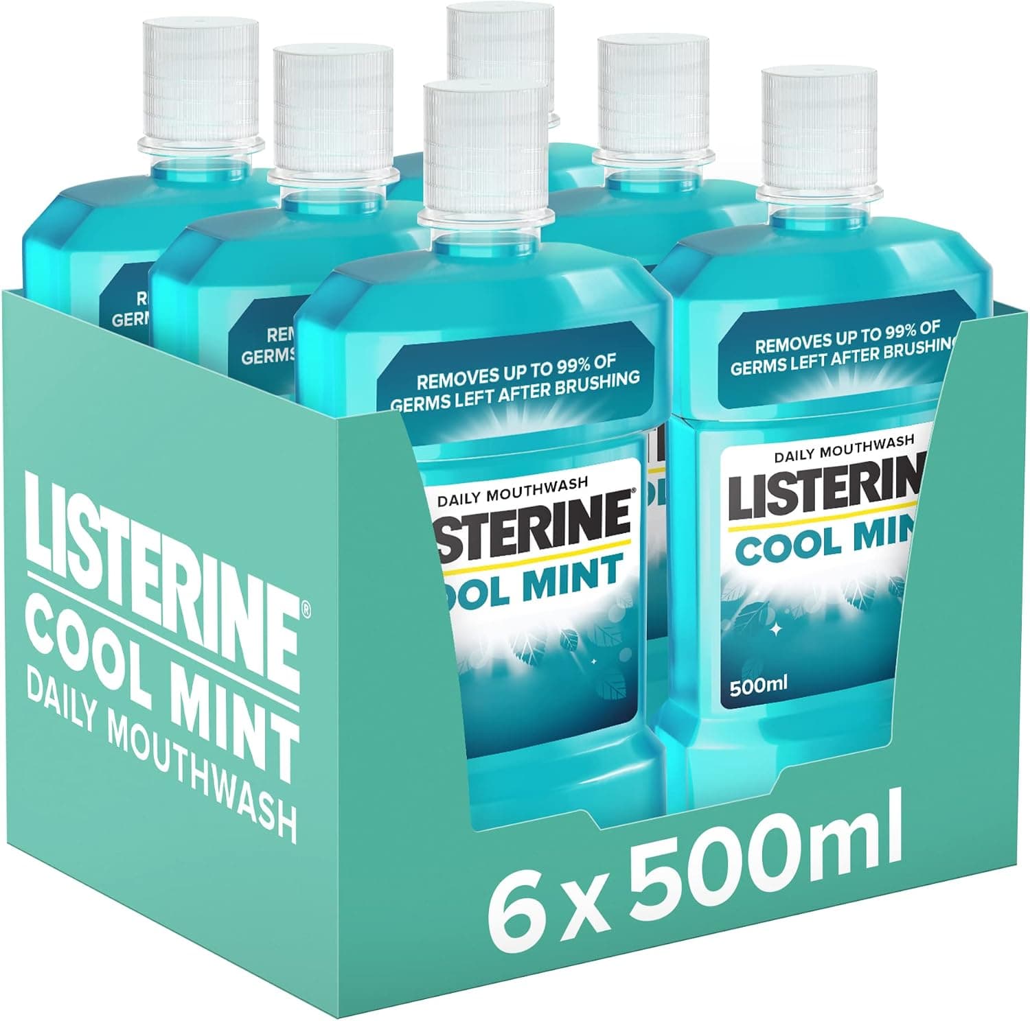 دهانشویه Listerine با طعم نعناع خنک، 6X 500ml، آبی دهانشویه Listerine با طعم نعناع خنک، 6X 500ml، آبی
