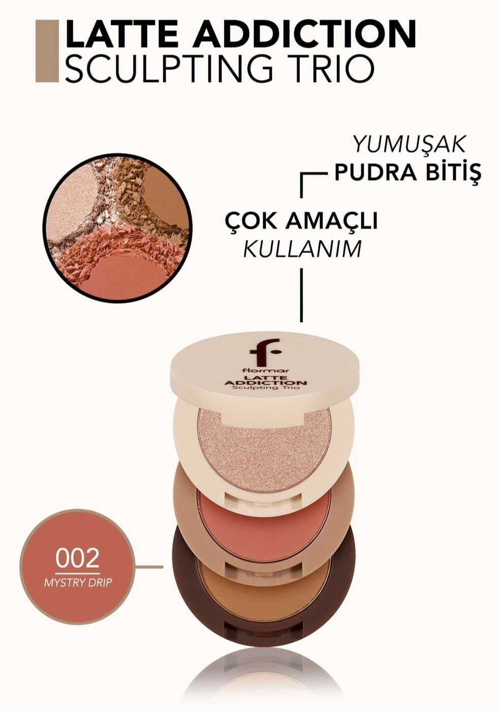 پالت رژگونه هایلایتر و برنزر Flormar سه لایه مدل Latte 002 Mystery Drip پالت رژگونه هایلایتر و برنزر Flormar سه لایه مدل Latte 002 Mystery Drip