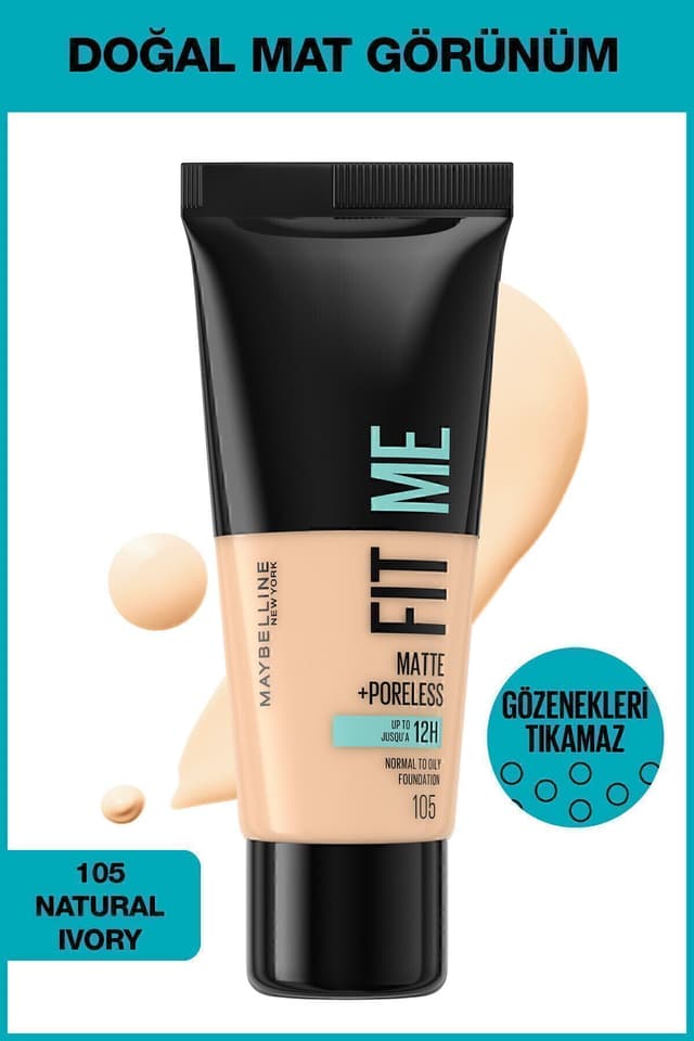فاندیشن Maybelline New York Fit Me Matte+Poreless مدل 105 رنگ عاجی طبیعی فاندیشن Maybelline New York Fit Me Matte+Poreless مدل 105 رنگ عاجی طبیعی