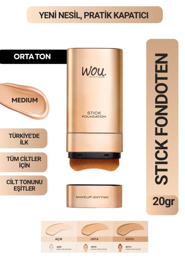 کرمپودر استیکی WOU World of Unique با براش، کانسیلر 2 در 1، 20 gr، تناژ متوسط کرمپودر استیکی WOU World of Unique با براش، کانسیلر 2 در 1، 20 gr، تناژ متوسط
