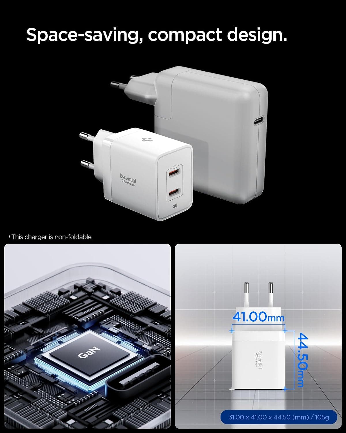 شارژر دیواری سریع 47W دو پورت USB-C Spigen سفید GaN Pro مدل ACH08707 شارژر دیواری سریع 47W دو پورت USB-C Spigen سفید GaN Pro مدل ACH08707