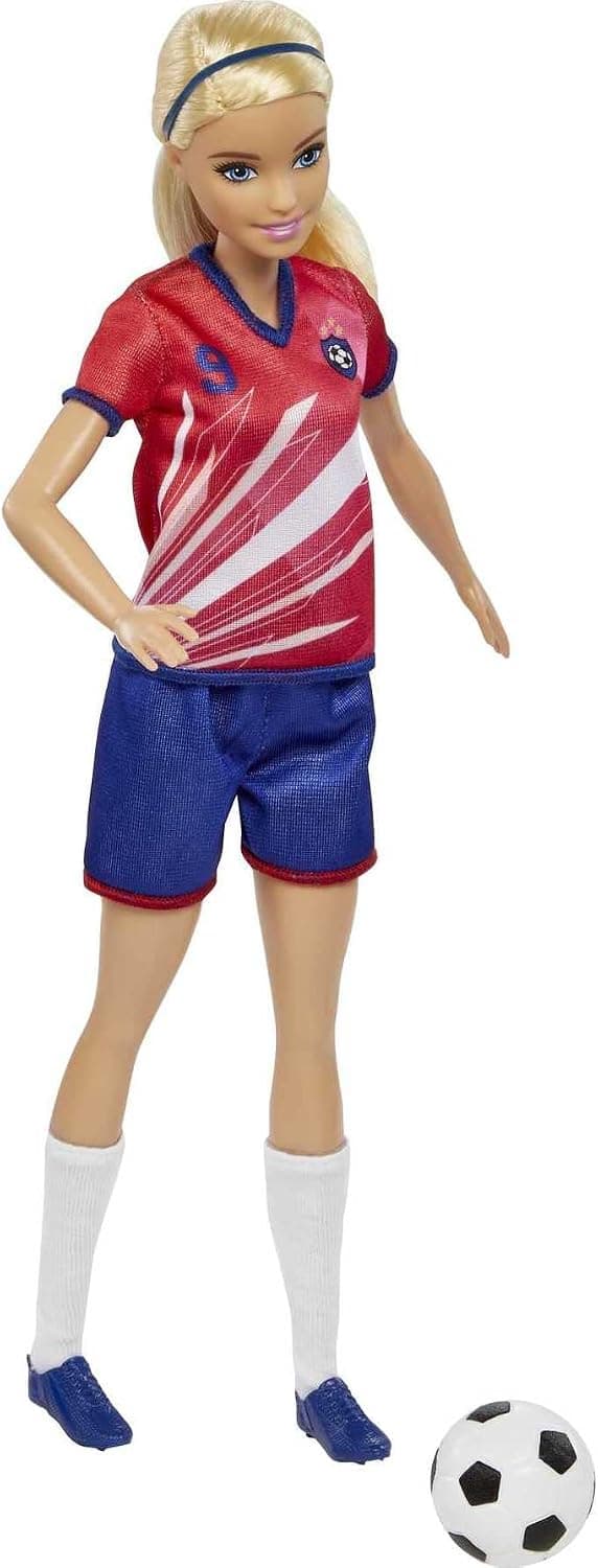 عروسک فوتبالیست Barbie بلوند با لباس شماره 9، توپ فوتبال، کفش و جوراب عروسک فوتبالیست Barbie بلوند با لباس شماره 9، توپ فوتبال، کفش و جوراب