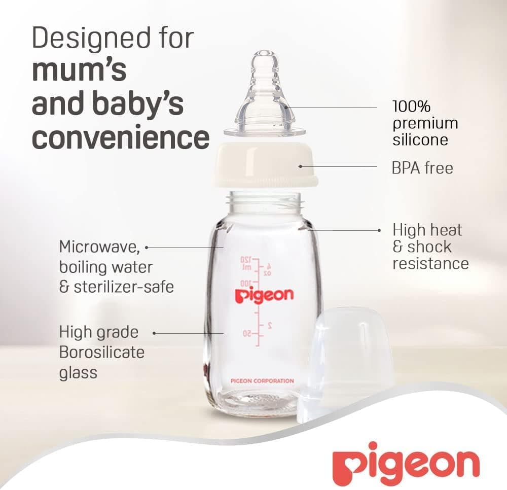 شیشه شیر Pigeon گردن باریک ضد کولیک با سرشیر سیلیکونی نرم 120ml شیشه شیر Pigeon گردن باریک ضد کولیک با سرشیر سیلیکونی نرم 120ml