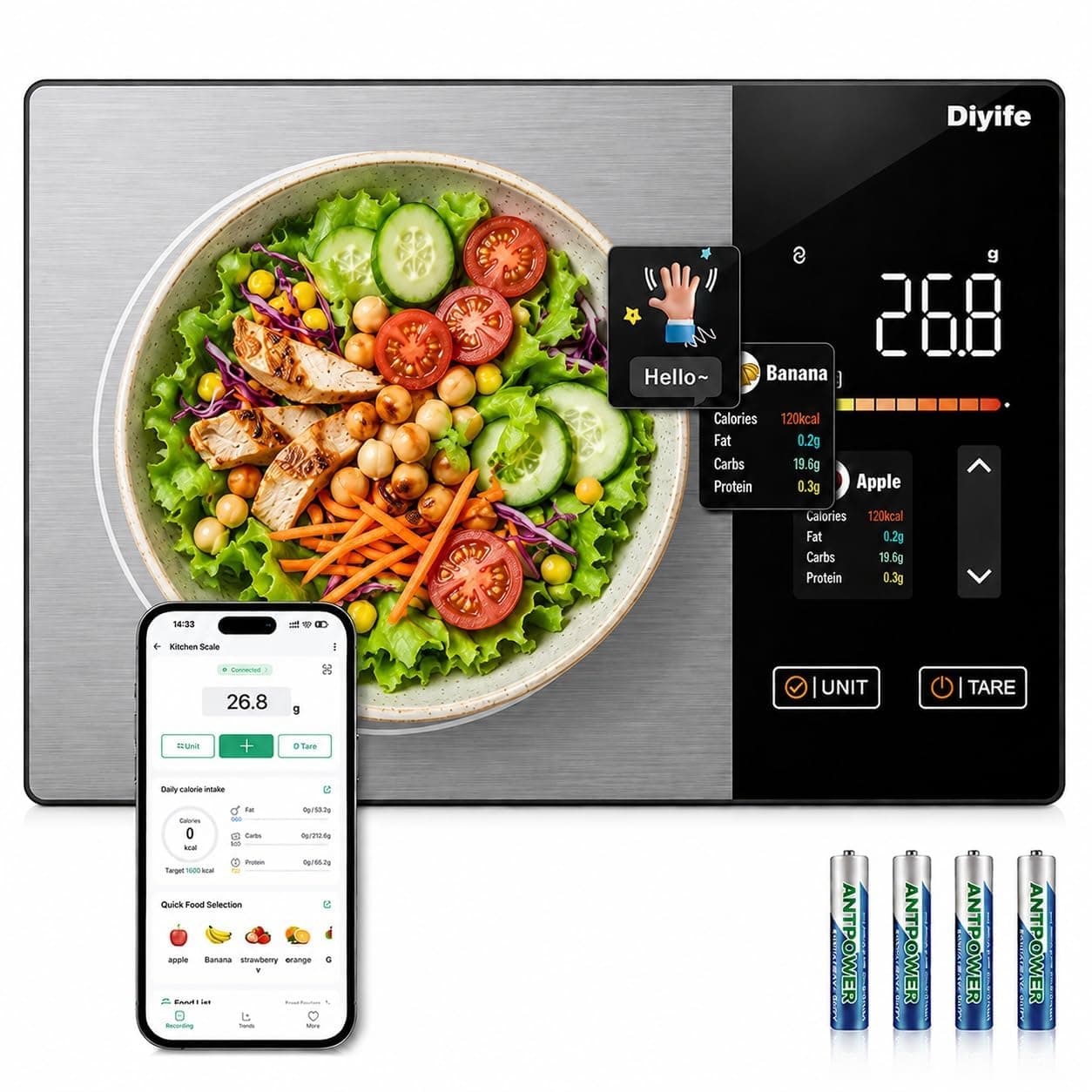ترازوی آشپزخانه هوشمند Diyife با کالریشمار و نمایشگر رنگی TFT 1g/5kg ترازوی آشپزخانه هوشمند Diyife با کالریشمار و نمایشگر رنگی TFT 1g/5kg
