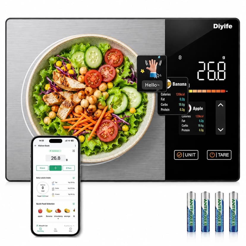 ترازوی آشپزخانه هوشمند Diyife با کالریشمار و نمایشگر رنگی TFT 1g/5kg ترازوی آشپزخانه هوشمند Diyife با کالریشمار و نمایشگر رنگی TFT 1g/5kg