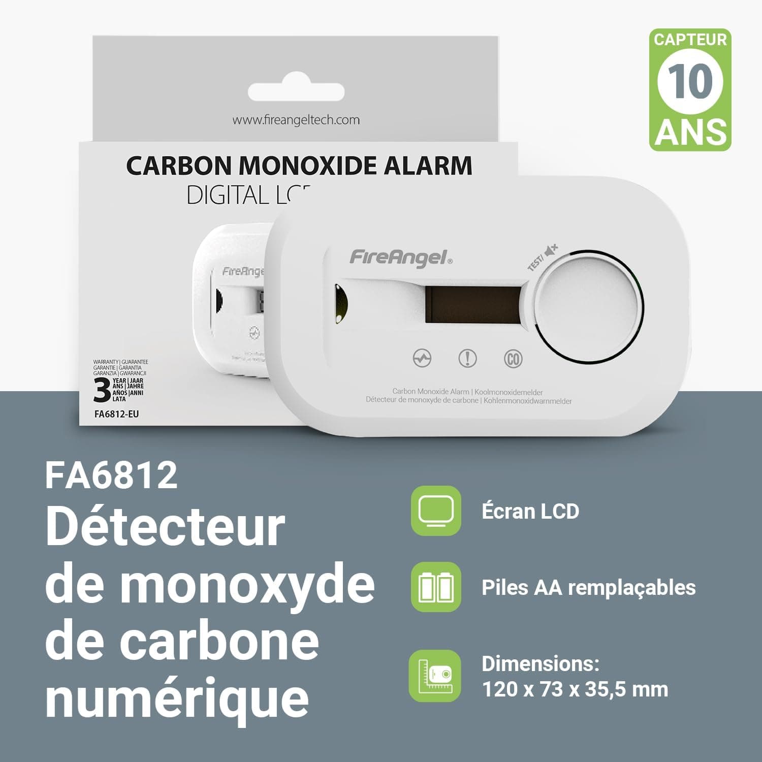 دتکتور منوکسید کربن FireAngel دیجیتال خانگی مدل FA6812 ۱۰ ساله دتکتور منوکسید کربن FireAngel دیجیتال خانگی مدل FA6812 ۱۰ ساله