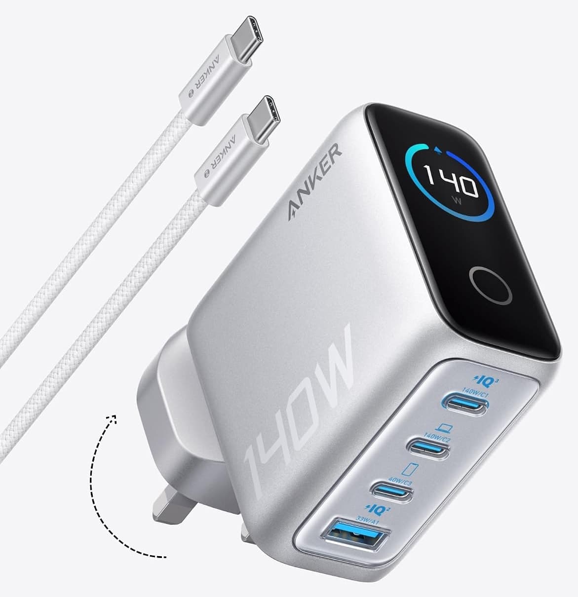 شارژر Anker 140 وات 4 پورت GaN USB-C نمایشگر هوشمند کابل 1.5 متری شارژر Anker 140 وات 4 پورت GaN USB-C نمایشگر هوشمند کابل 1.5 متری