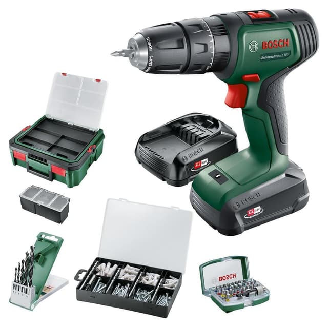 دریل چکشی شارژی Bosch UniversalImpact با 2x 1.5Ah و 210 لوازم جانبی مدل 06039D4107 دریل چکشی شارژی Bosch UniversalImpact با 2x 1.5Ah و 210 لوازم جانبی مدل 06039D4107