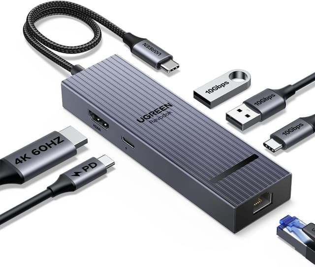 هاب USB C ششکاره UGREEN با Ethernet، HDMI 4K 60Hz، PD و USB C& A با سرعت 10Gbps هاب USB C ششکاره UGREEN با Ethernet، HDMI 4K 60Hz، PD و USB C& A با سرعت 10Gbps