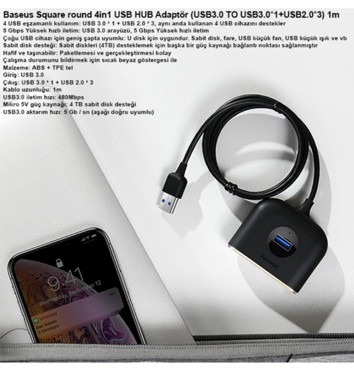 هاب USB Baseus Square Round 4in1 با ورودی USB3.0 و خروجی USB3.0*1+USB2.0*3 به طول 1m هاب USB Baseus Square Round 4in1 با ورودی USB3.0 و خروجی USB3.0*1+USB2.0*3 به طول 1m