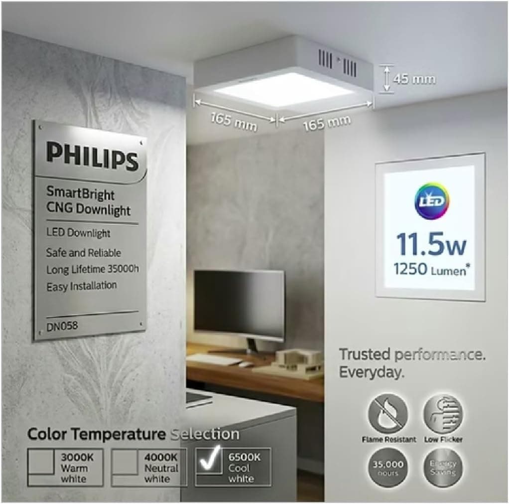چراغ LED روکار مربع PHILIPS مدل DN058C 11.5W 865 نور سفید 165x165 چراغ LED روکار مربع PHILIPS مدل DN058C 11.5W 865 نور سفید 165x165
