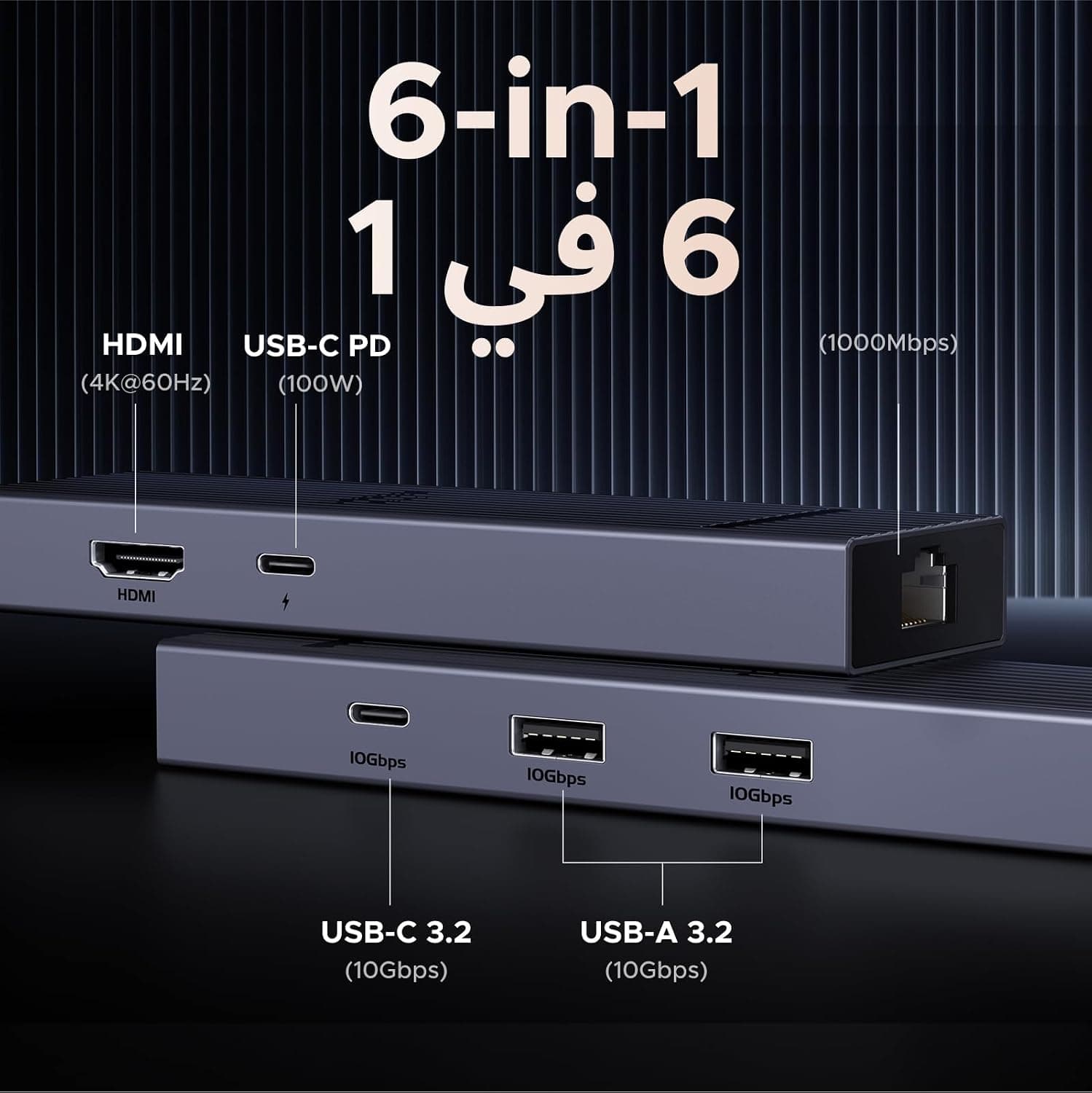 هاب USB C ششکاره UGREEN با Ethernet، HDMI 4K 60Hz، PD و USB C& A با سرعت 10Gbps هاب USB C ششکاره UGREEN با Ethernet، HDMI 4K 60Hz، PD و USB C& A با سرعت 10Gbps