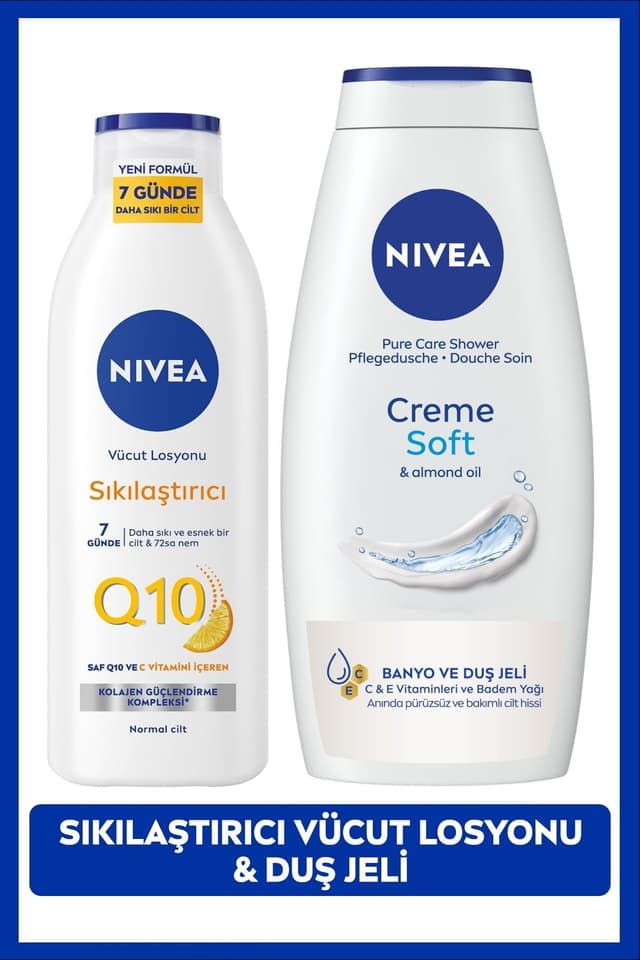 ست ژل دوش و لوسیون بدن NIVEA شامل ژل Creme Soft 750ml و لوسیون سفتکننده Q10 250ml ست ژل دوش و لوسیون بدن NIVEA شامل ژل Creme Soft 750ml و لوسیون سفتکننده Q10 250ml
