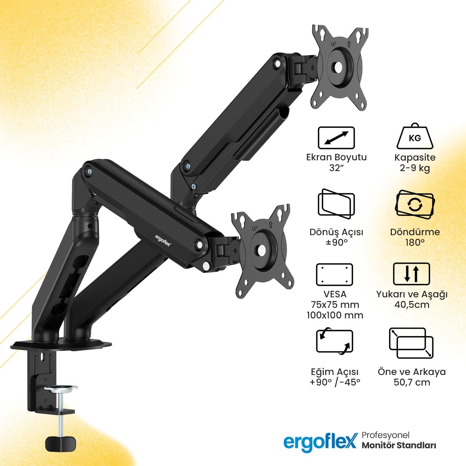 پایه مانیتور دو بازو ergoflex مناسب 17 تا 32 inch با تحمل وزن 2 تا 9 kg و کمکفنر مدل EF X16 پایه مانیتور دو بازو ergoflex مناسب 17 تا 32 inch با تحمل وزن 2 تا 9 kg و کمکفنر مدل EF X16