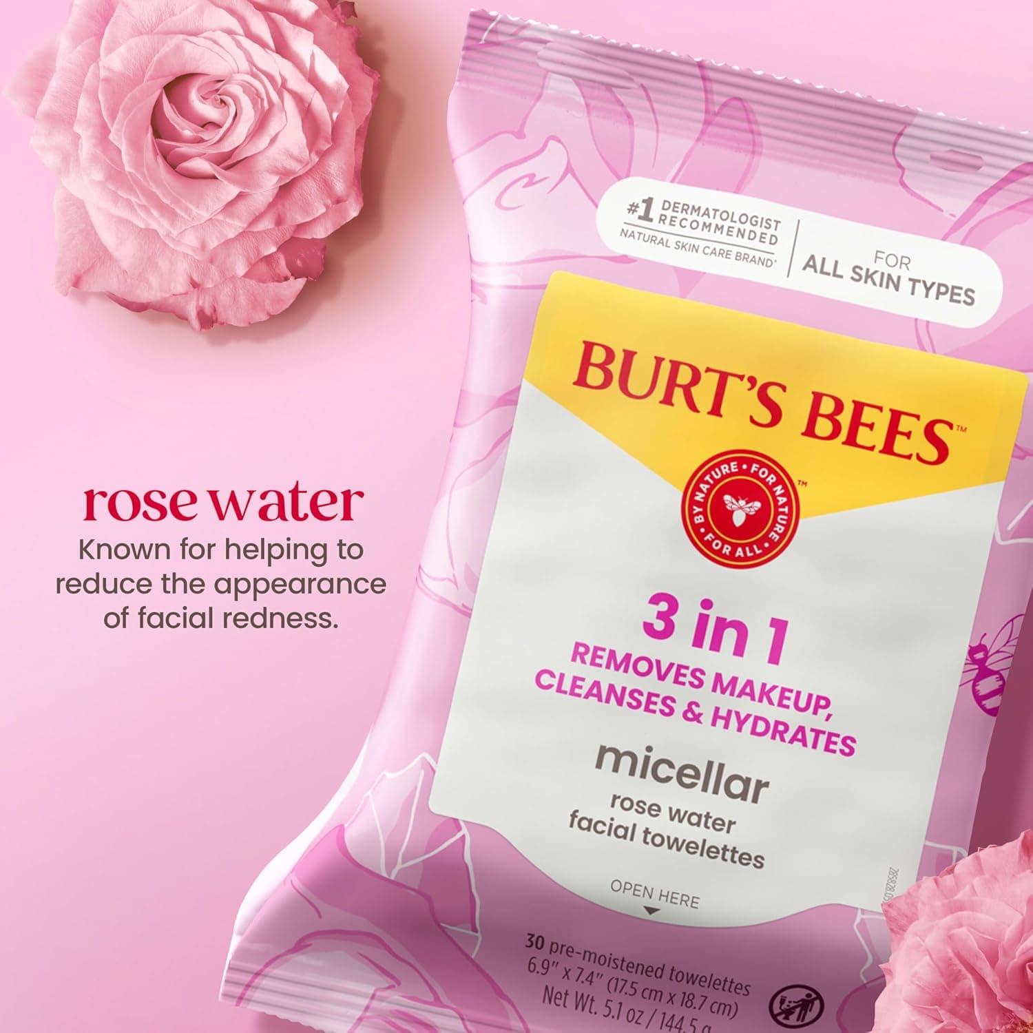 دستمال مرطوب میسلار پاککننده آرایش Burt's Bees با آب گل محمدی 30 عدد دستمال مرطوب میسلار پاککننده آرایش Burt's Bees با آب گل محمدی 30 عدد