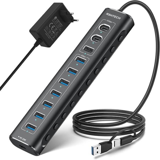 هاب USB C فعال RSHTECH آلومینیومی 11 پورت USB 3.1 Gen2 با PD 20W هاب USB C فعال RSHTECH آلومینیومی 11 پورت USB 3.1 Gen2 با PD 20W