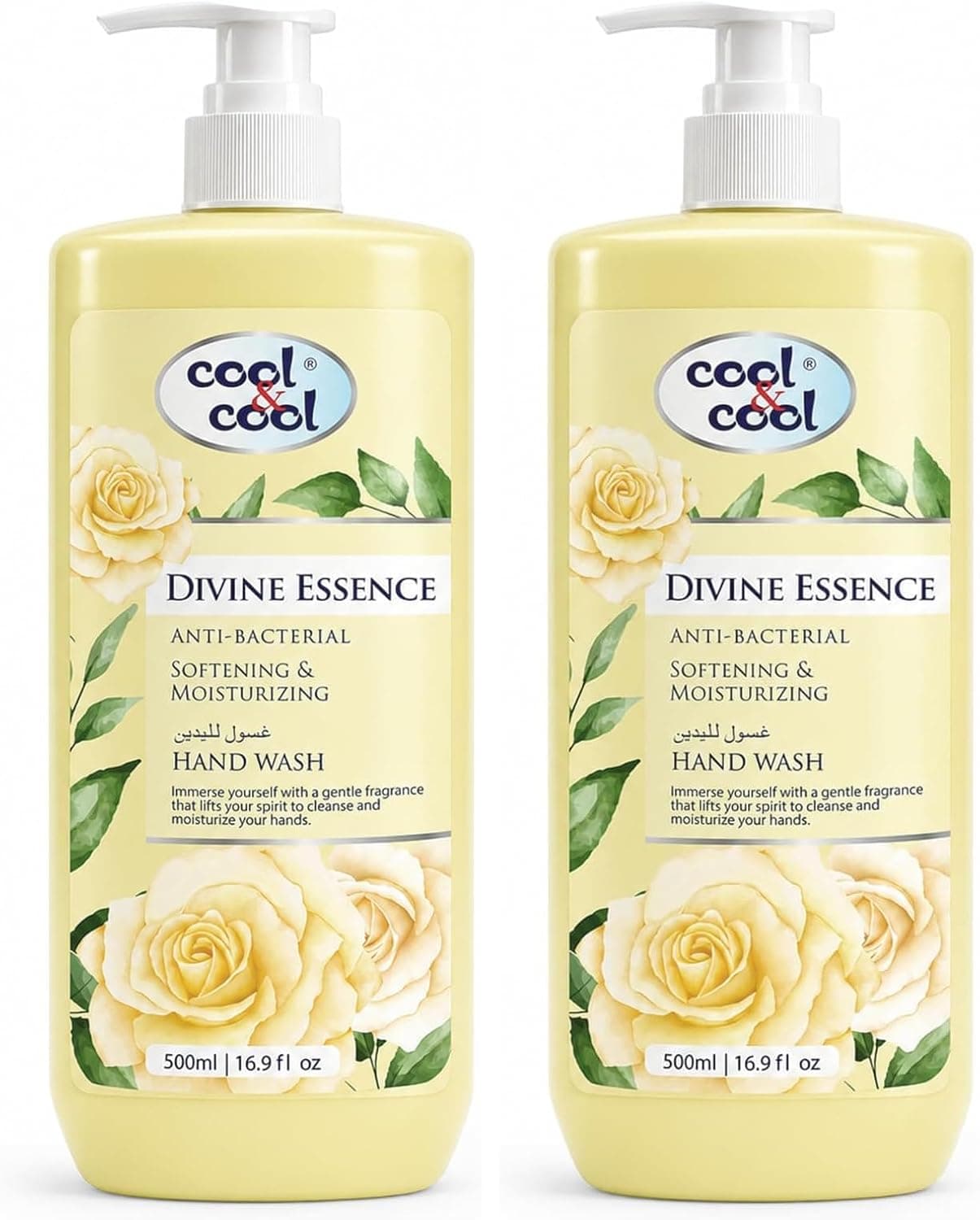 مایع دستشویی دوقلو Cool & Cool با رایحه Divine Essence و Exotic Bloom، آنتیباکتریال و نرمکننده پوست 500Ml x 2، 1Liter مایع دستشویی دوقلو Cool & Cool با رایحه Divine Essence و Exotic Bloom، آنتیباکتریال و نرمکننده پوست 500Ml x 2، 1Liter
